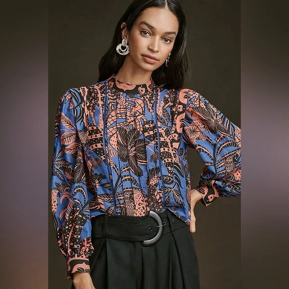 [NWT] $165 FARM RIO Tropical Gold Blue Pleated Long Sleeve Blouse. Size Small - Picture 7 of 12